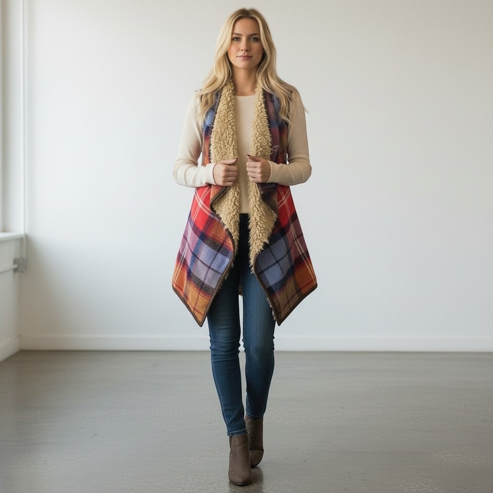 Plaid Faux Shearling Lined Waterfall Vest Red Blue Orange Western y2k gorpcore